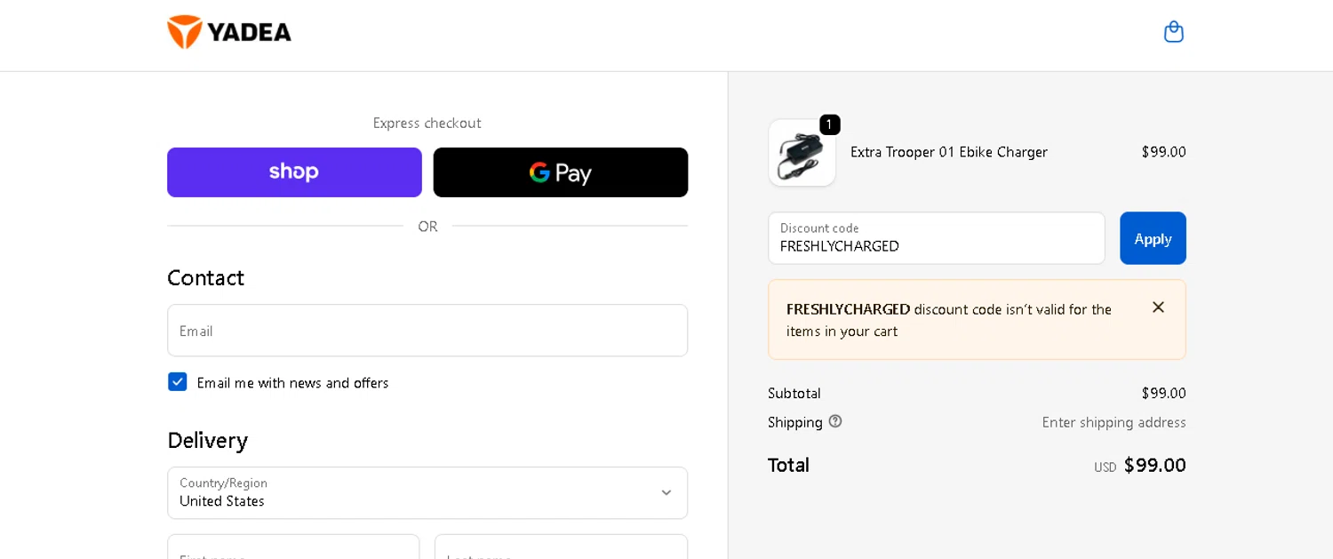 Yadea promo code screenshot showing code FRESHLYCHARGED applied at Yadea checkout page. Uploaded by SimplyCodes community member CRYSTALSUICINE on Oct 4, 2025