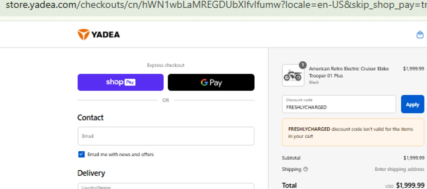 Yadea promo code screenshot showing code FRESHLYCHARGED applied at Yadea checkout page. Uploaded by SimplyCodes community member CashMaestro9337 on Aug 18, 2025