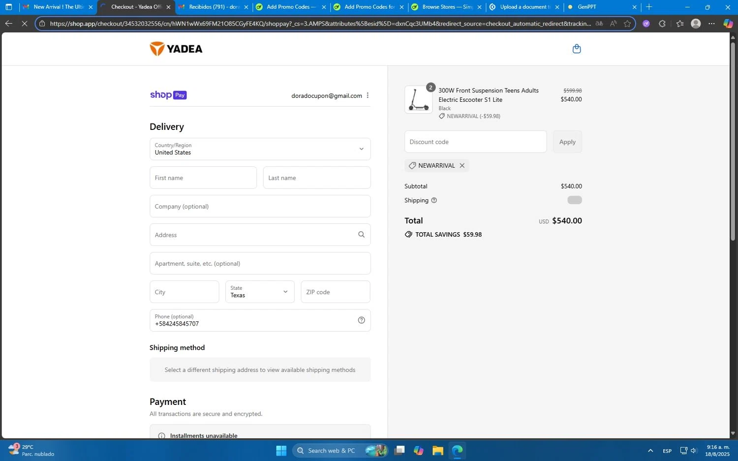 Yadea promo code screenshot showing code NewArrival applied at Yadea checkout page. Uploaded by SimplyCodes community member Mdeoca on Aug 18, 2025