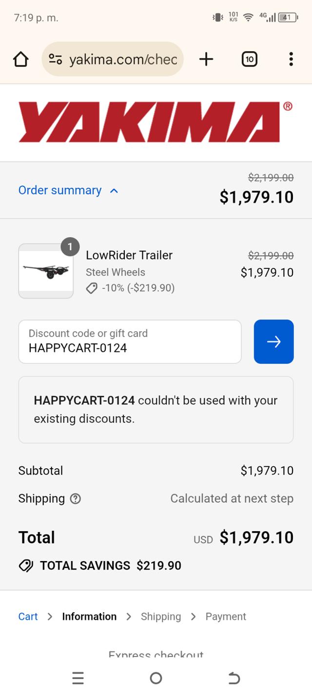 Yakima checkout page showing Yakima discount code box | Screenshot taken by SimplyCodes community member on Aug 16, 2025