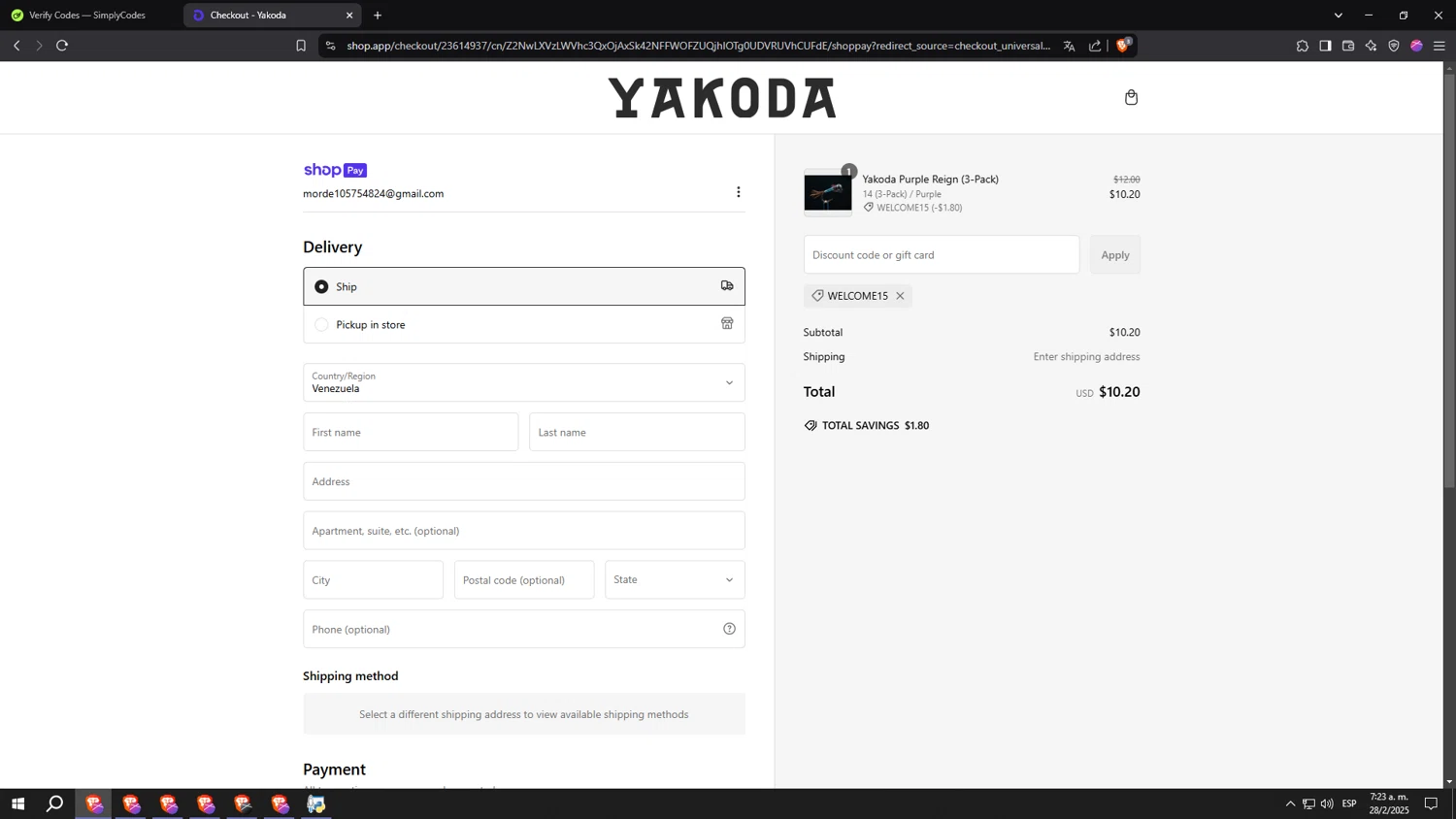 Yakoda promo code screenshot showing code WELCOME15 applied at Yakoda checkout page. Uploaded by SimplyCodes community member aaaaaaaaaaaaaaaaaaaaa on Feb 28, 2025