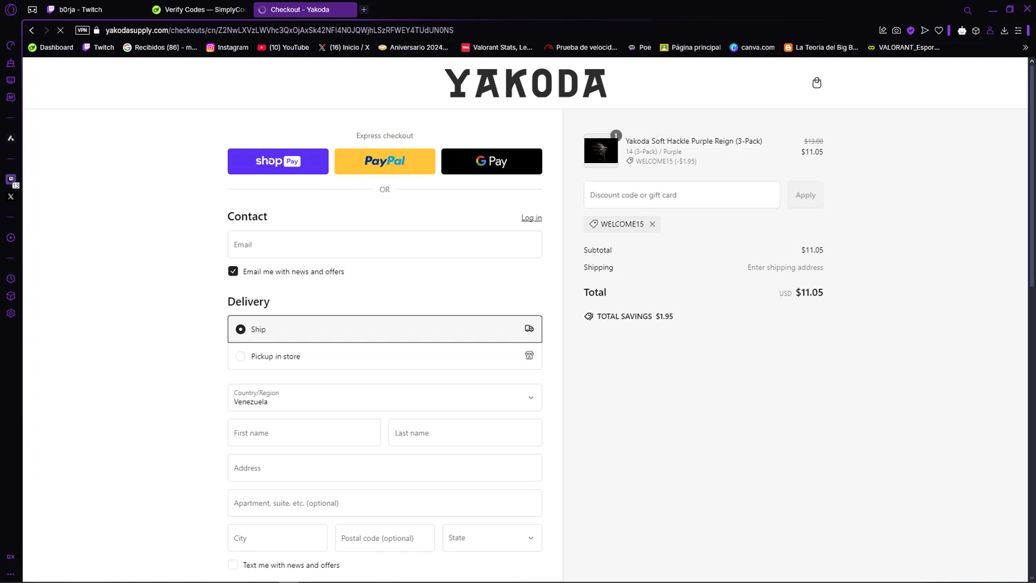 Yakoda promo code screenshot showing code WELCOME15 applied at Yakoda checkout page. Uploaded by SimplyCodes community member MagnificentLynx9362 on Feb 28, 2025