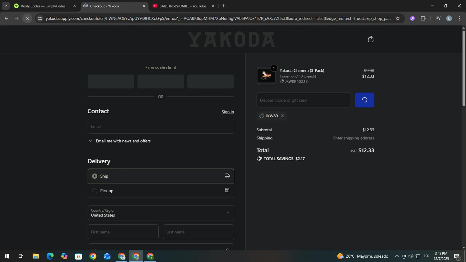 Yakoda promo code screenshot showing code JKW89 applied at Yakoda checkout page. Uploaded by SimplyCodes community member USERR1 on Dec 7, 2025