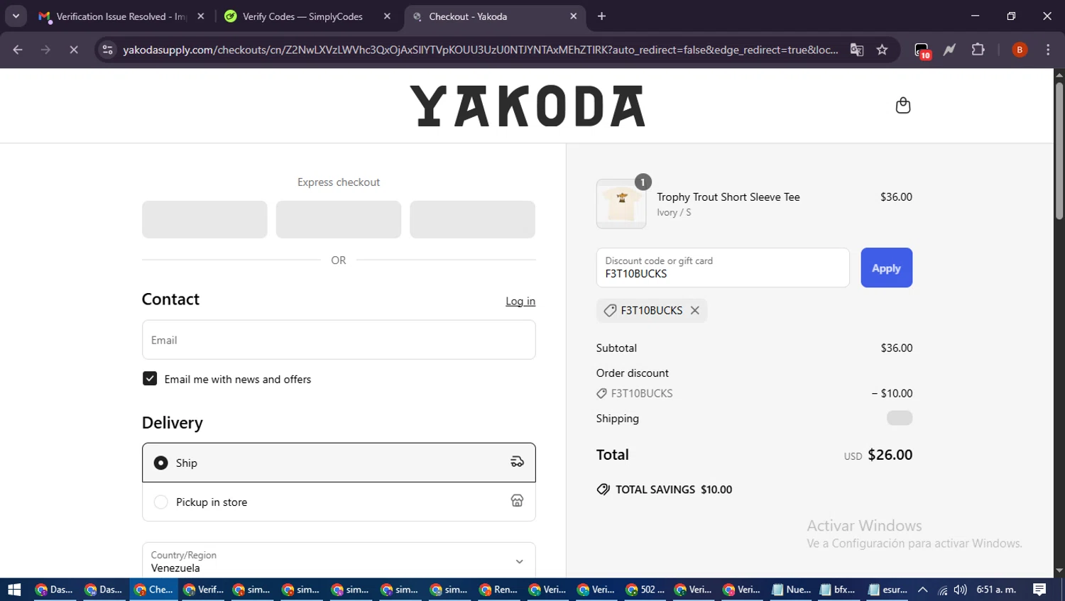 Yakoda promo code screenshot showing code F3T10BUCKS applied at Yakoda checkout page. Uploaded by SimplyCodes community member DiscountExpert6435 on Jun 29, 2025