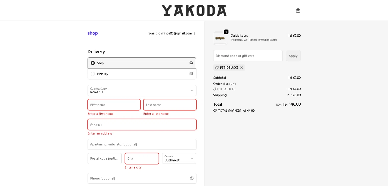 Yakoda promo code screenshot showing code F3T10BUCKS applied at Yakoda checkout page. Uploaded by SimplyCodes community member ValiantMaverick169 on Dec 13, 2025
