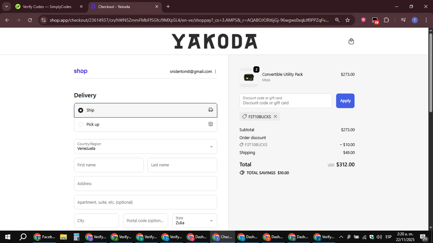 Yakoda promo code screenshot showing code F3T10BUCKS applied at Yakoda checkout page. Uploaded by SimplyCodes community member snidertom8 on Nov 22, 2025