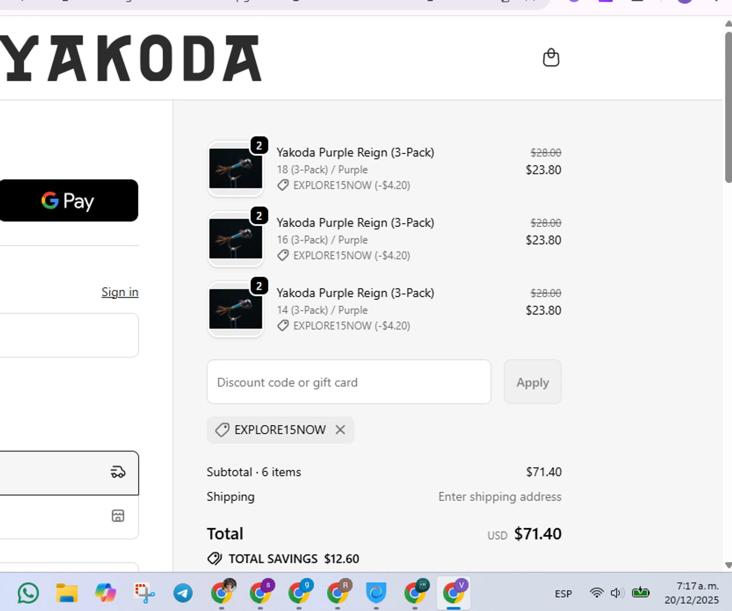 Yakoda promo code screenshot showing code EXPLORE15NOW applied at Yakoda checkout page. Uploaded by SimplyCodes community member GoldLynx7797 on Dec 20, 2025