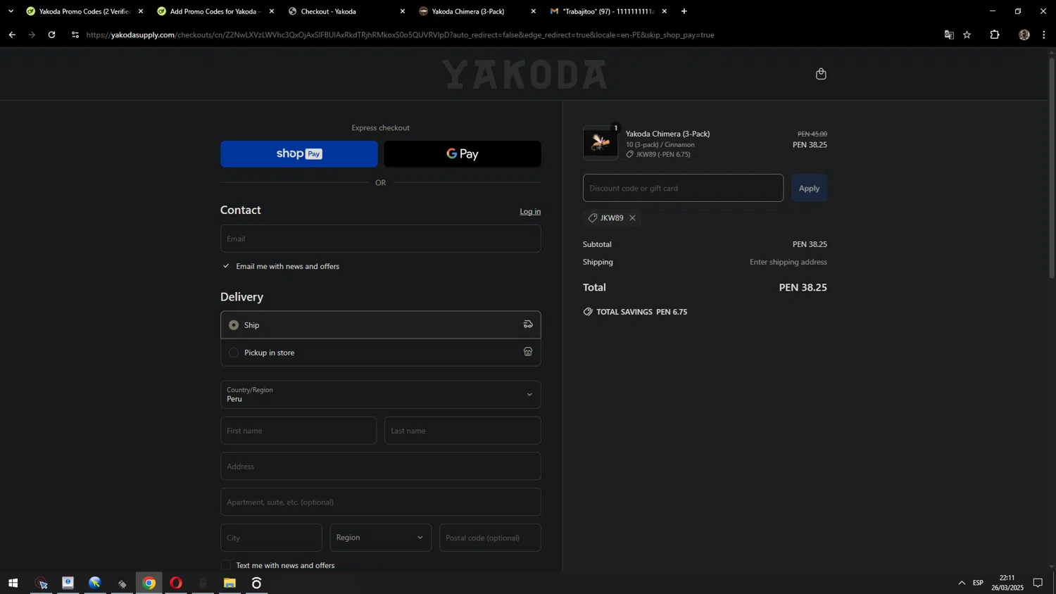 Yakoda promo code screenshot showing code JKW89 applied at Yakoda checkout page. Uploaded by SimplyCodes community member MarcosAranguren on Mar 27, 2025