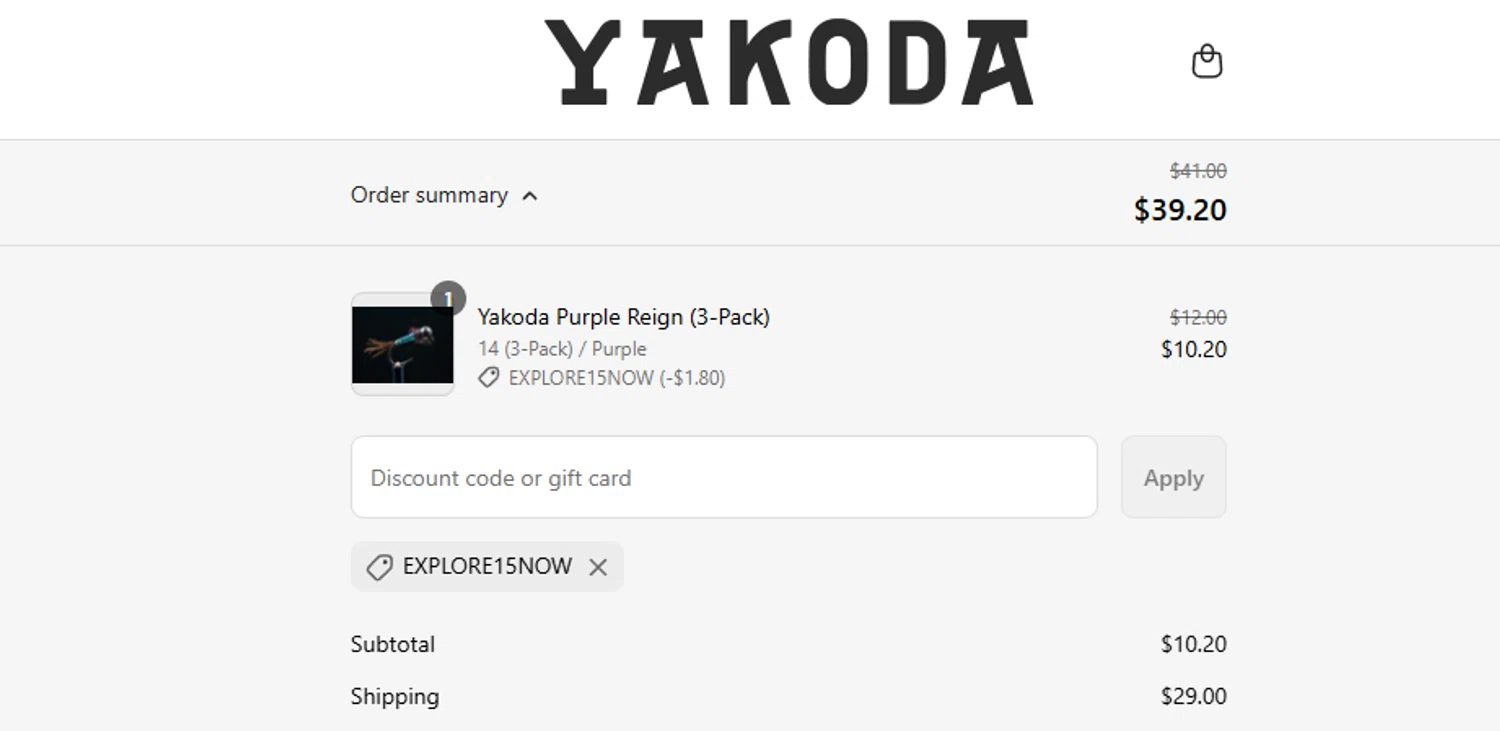 Yakoda promo code screenshot showing code EXPLORE15NOW applied at Yakoda checkout page. Uploaded by SimplyCodes community member ashe1986 on Jul 22, 2025
