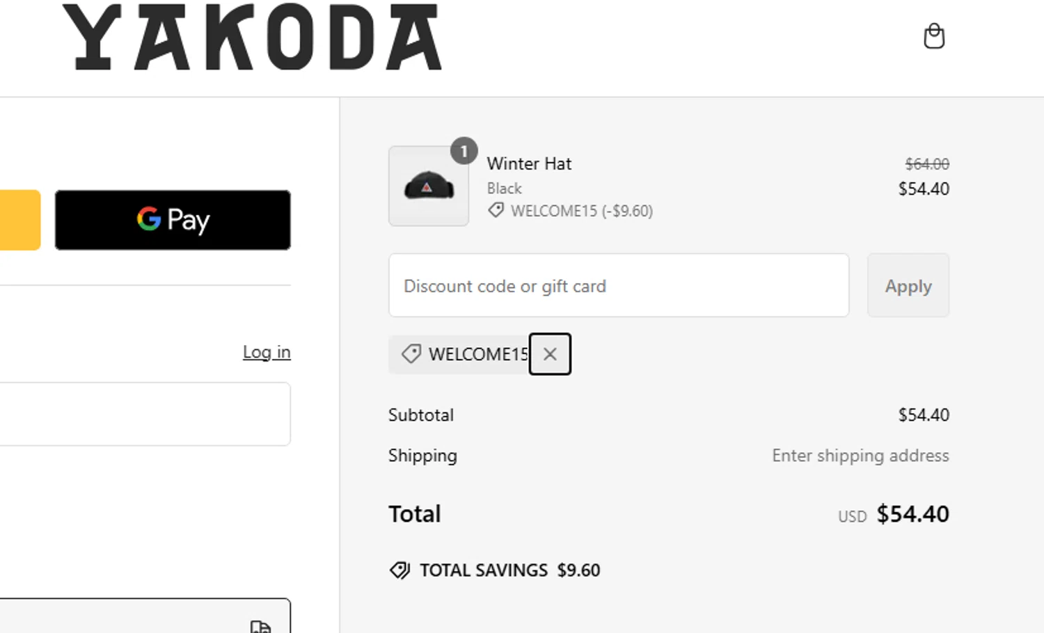 Yakoda promo code screenshot showing code WELCOME15 applied at Yakoda checkout page. Uploaded by SimplyCodes community member aumentadax10 on Jan 30, 2025