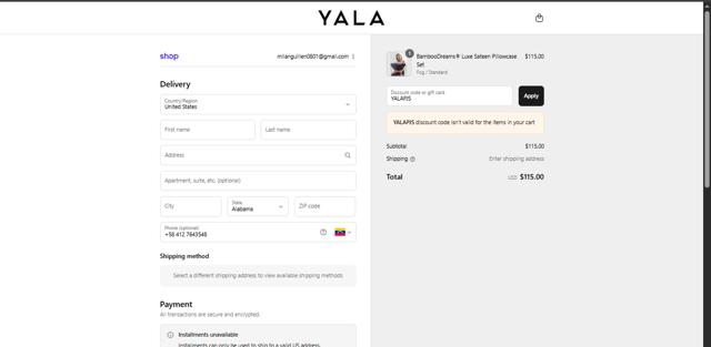 YALA checkout page showing YALA promo code box | Screenshot taken by SimplyCodes community member on Sep 10, 2025