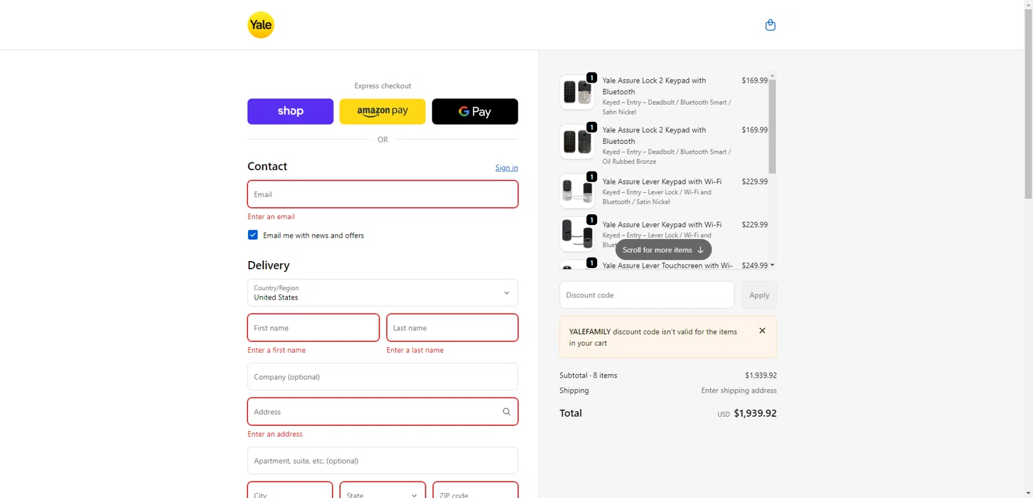 Yale Home promo code screenshot showing code YALEFAMILY applied at Yale Home checkout page. Uploaded by SimplyCodes community member SwiftCurator4059 on Dec 28, 2025