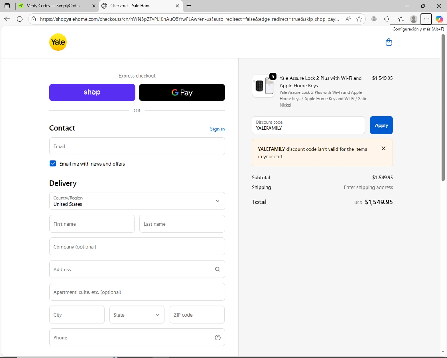 Yale Home promo code screenshot showing code YALEFAMILY applied at Yale Home checkout page. Uploaded by SimplyCodes community member jhoanDepp on Oct 7, 2025