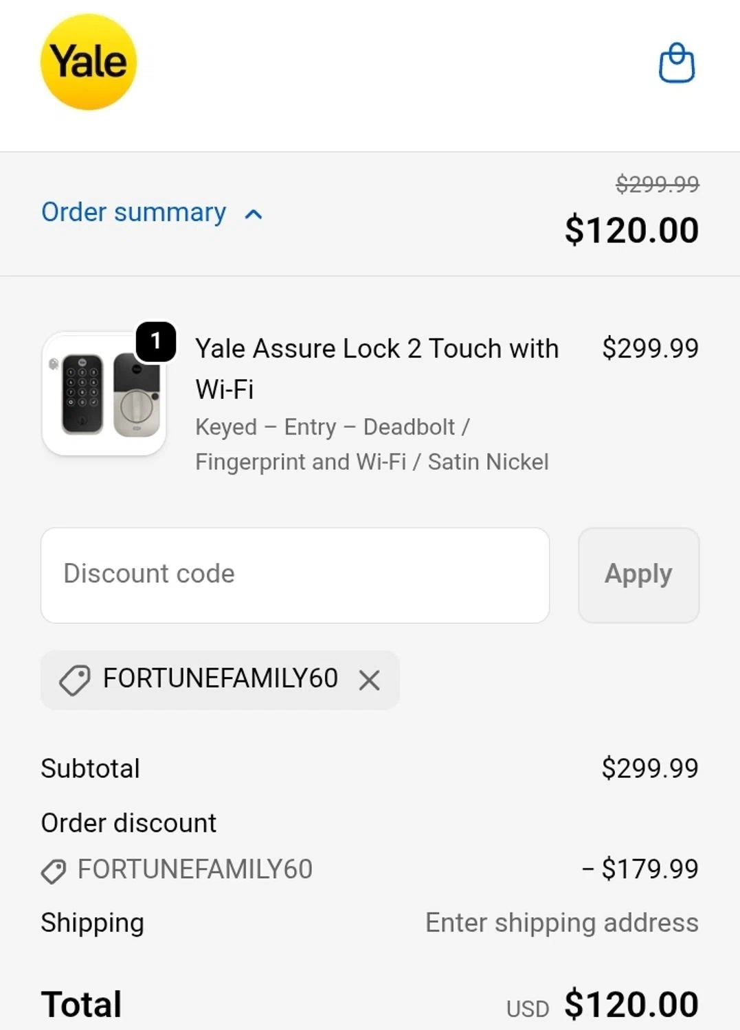 Yale Home promo code screenshot showing code FORTUNEFAMILY60 applied at Yale Home checkout page. Uploaded by SimplyCodes community member ArgyArgy on Nov 2, 2025