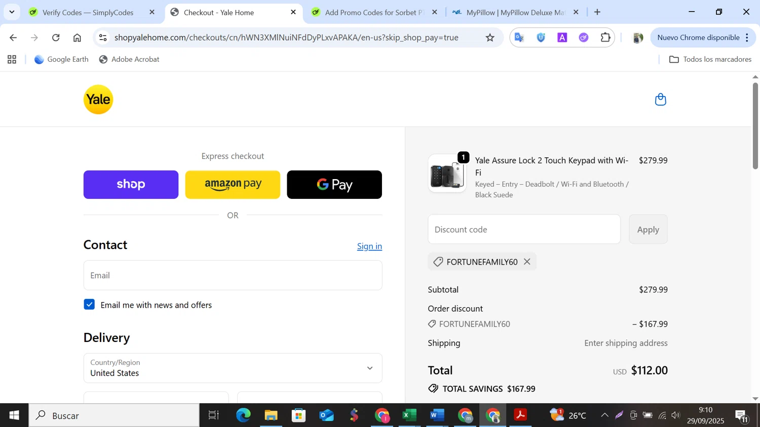 Yale Home promo code screenshot showing code FORTUNEFAMILY60 applied at Yale Home checkout page. Uploaded by SimplyCodes community member NobleMonarch5837 on Sep 29, 2025