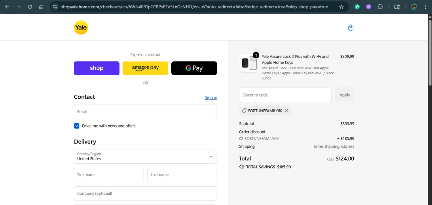 Yale Home promo code screenshot showing code FORTUNEFAMILY60 applied at Yale Home checkout page. Uploaded by SimplyCodes community member xAngel on Oct 23, 2025