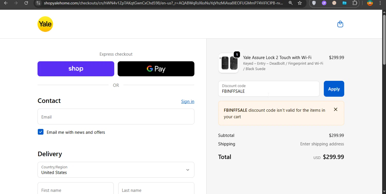 Yale Home promo code screenshot showing code FBINFFSALE applied at Yale Home checkout page. Uploaded by SimplyCodes community member PrimeShopper6600 on Nov 4, 2025