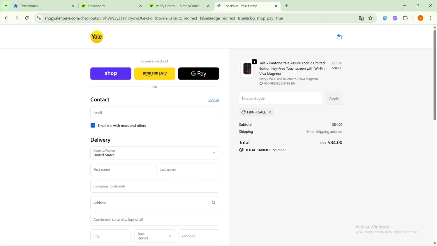 Yale Home promo code screenshot showing code FBINFFSALE applied at Yale Home checkout page. Uploaded by SimplyCodes community member RebateSaver5991 on Oct 11, 2025