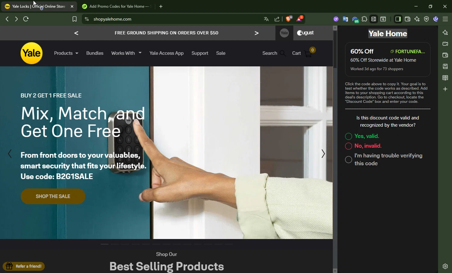 Yale Home promo code screenshot showing code B2G1SALE applied at Yale Home checkout page. Uploaded by SimplyCodes community member DrossRotzank on Sep 24, 2025