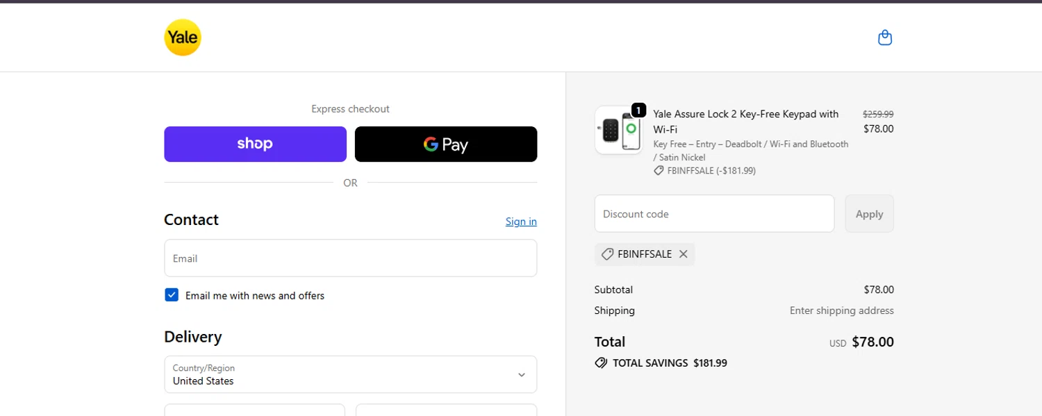 Yale Home promo code screenshot showing code FBINFFSALE applied at Yale Home checkout page. Uploaded by SimplyCodes community member ashe1986 on Oct 3, 2025