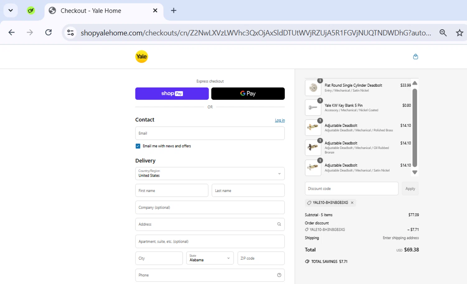Yale Home promo code screenshot showing code Yale10-BH3NBGB3XG applied at Yale Home checkout page. Uploaded by SimplyCodes community member ExtraordinarySeeker9807 on May 28, 2025