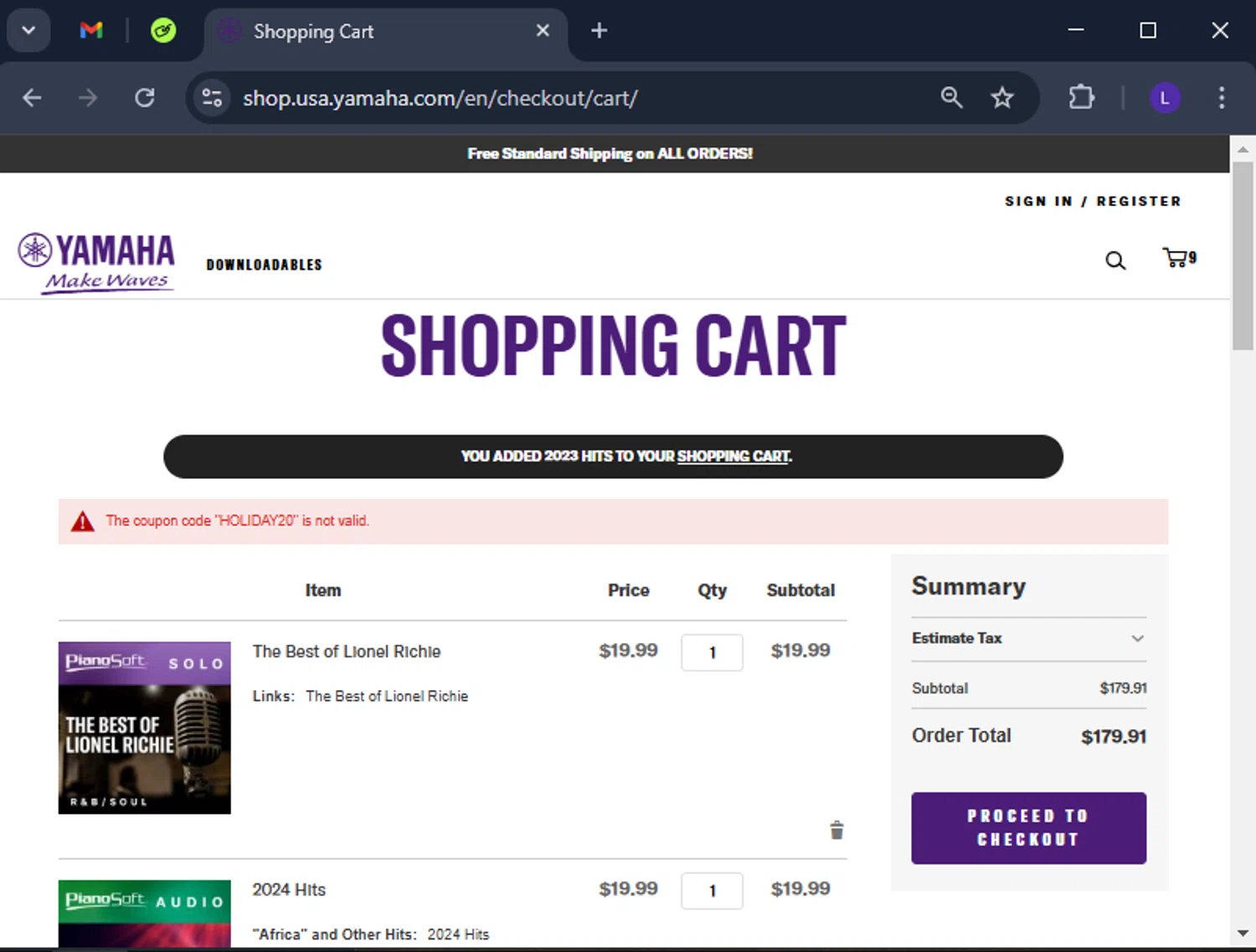 Yamaha promo code screenshot showing code HOLIDAY20 applied at Yamaha checkout page. Uploaded by SimplyCodes community member CoinElite8726 on Feb 23, 2025