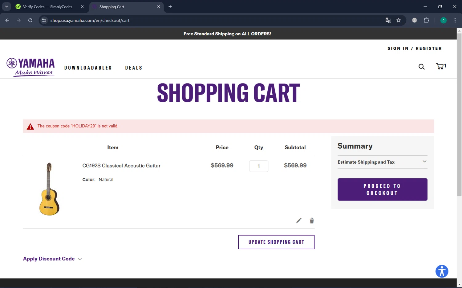 Yamaha promo code screenshot showing code HOLIDAY20 applied at Yamaha checkout page. Uploaded by SimplyCodes community member PennyLegend4898 on Jan 29, 2025