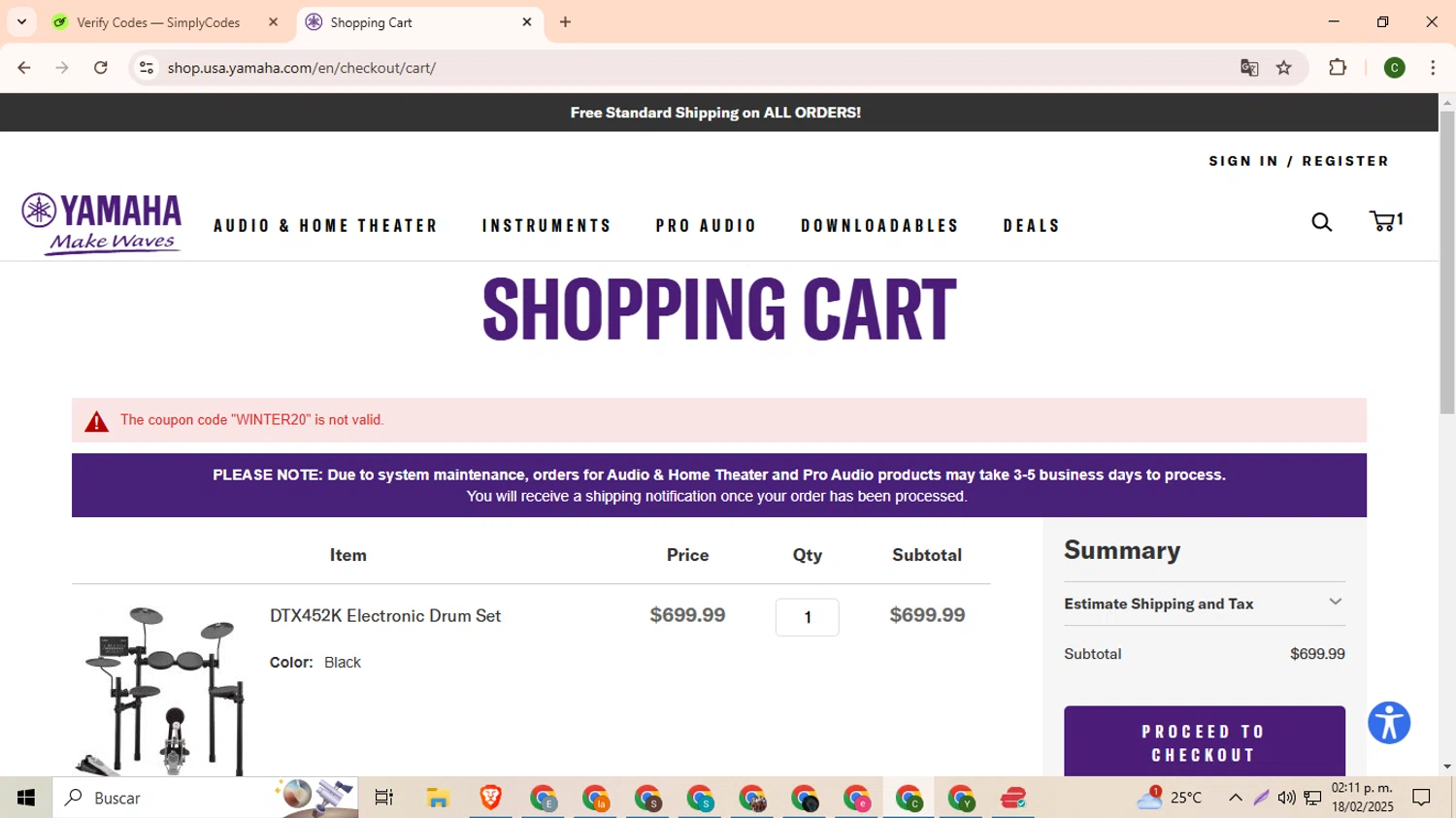 Yamaha promo code screenshot showing code WINTER20 applied at Yamaha checkout page. Uploaded by SimplyCodes community member DevianArt on Feb 18, 2025