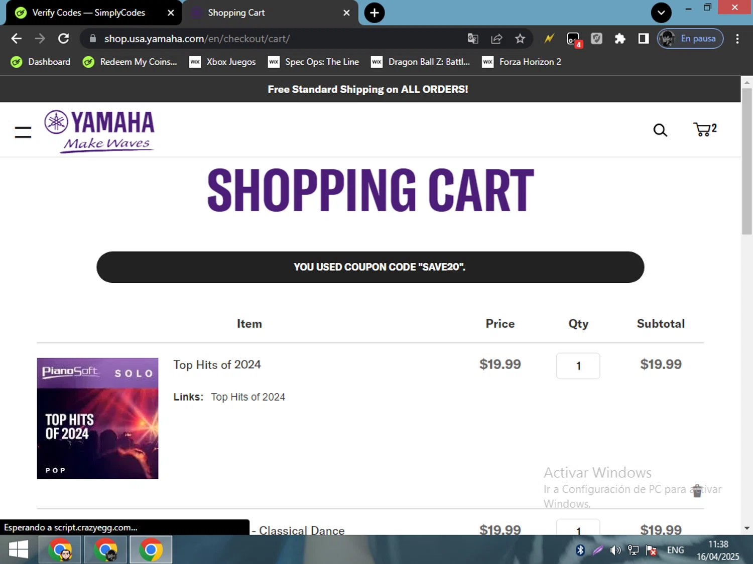 Yamaha promo code screenshot showing code SAVE20 applied at Yamaha checkout page. Uploaded by SimplyCodes community member SilverAdmiral2559 on Apr 16, 2025