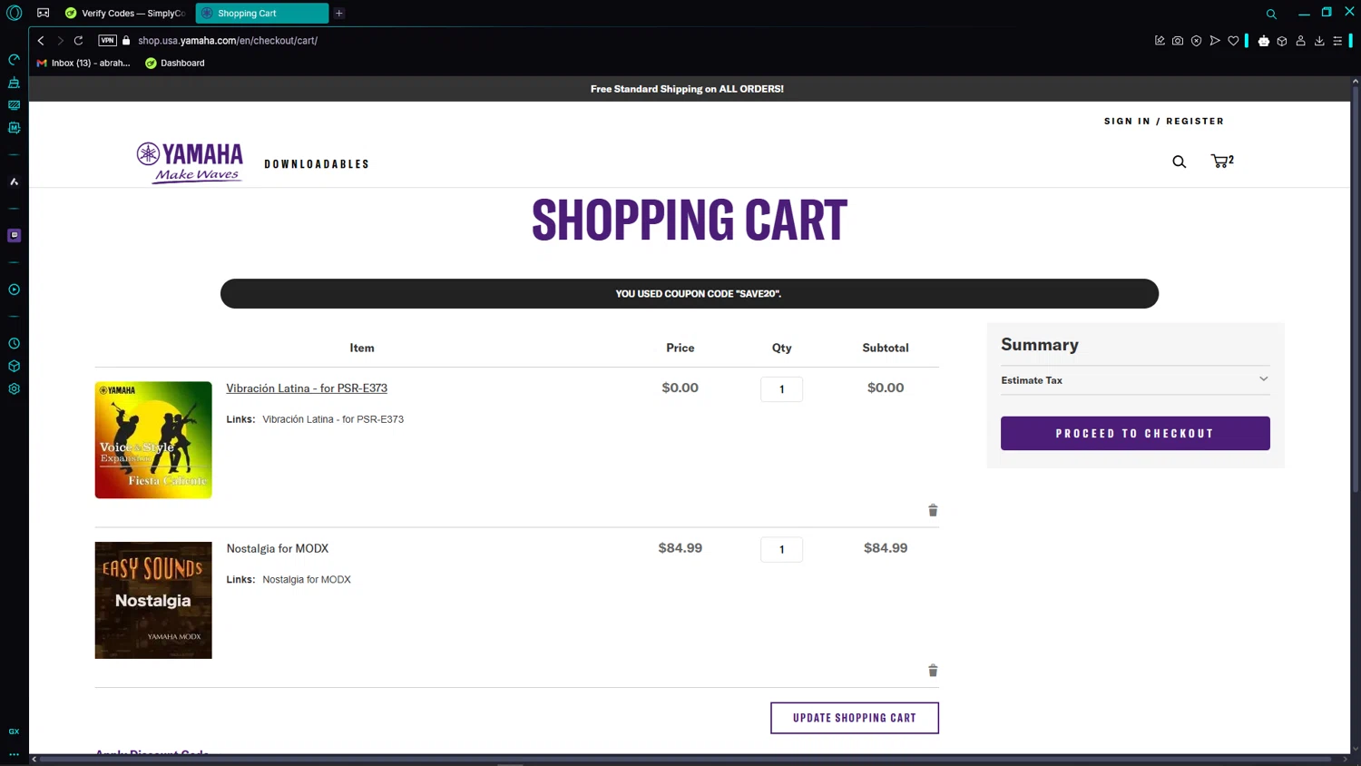 Yamaha promo code screenshot showing code SAVE20 applied at Yamaha checkout page. Uploaded by SimplyCodes community member WonderPhoenix8283 on Apr 5, 2025