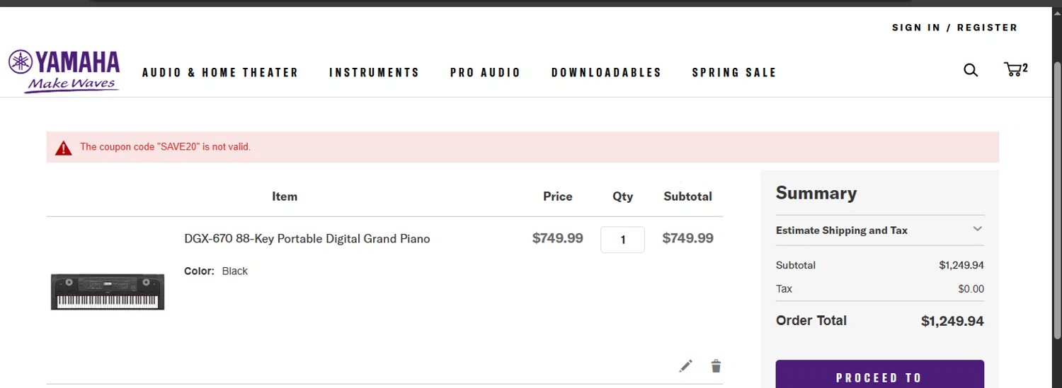 Yamaha promo code screenshot showing code SAVE20 applied at Yamaha checkout page. Uploaded by SimplyCodes community member cuticula on Apr 16, 2025