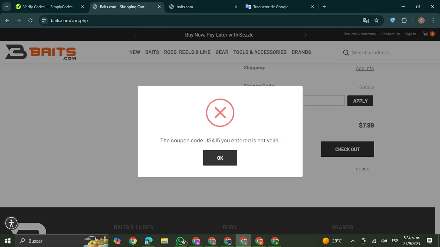 Yamamoto Baits promo code screenshot showing code usa15 applied at Yamamoto Baits checkout page. Uploaded by SimplyCodes community member NobleExpert6497 on Sep 25, 2025