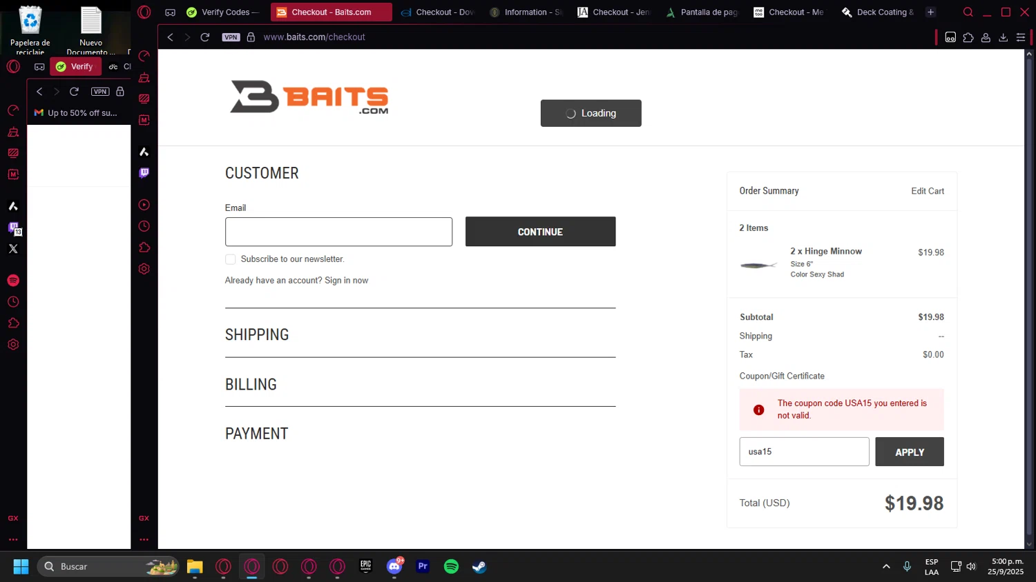 Yamamoto Baits promo code screenshot showing code usa15 applied at Yamamoto Baits checkout page. Uploaded by SimplyCodes community member leonardocamacho2 on Sep 25, 2025