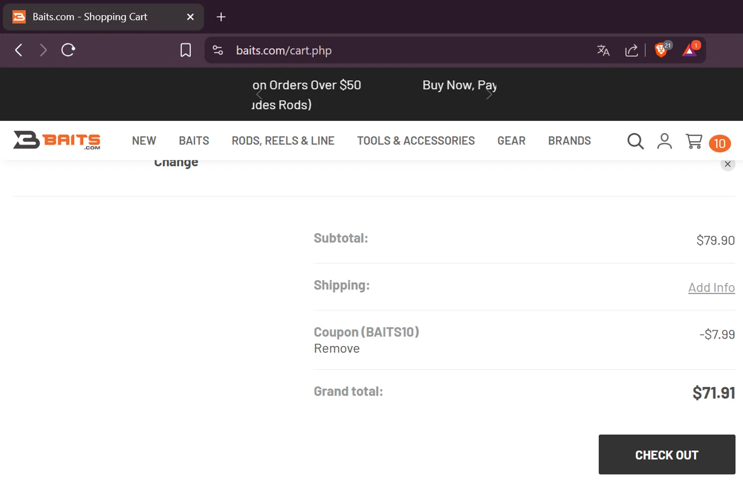Yamamoto Baits promo code screenshot showing code BAITS10 applied at Yamamoto Baits checkout page. Uploaded by SimplyCodes community member CleverVirtuoso1492 on Aug 28, 2025