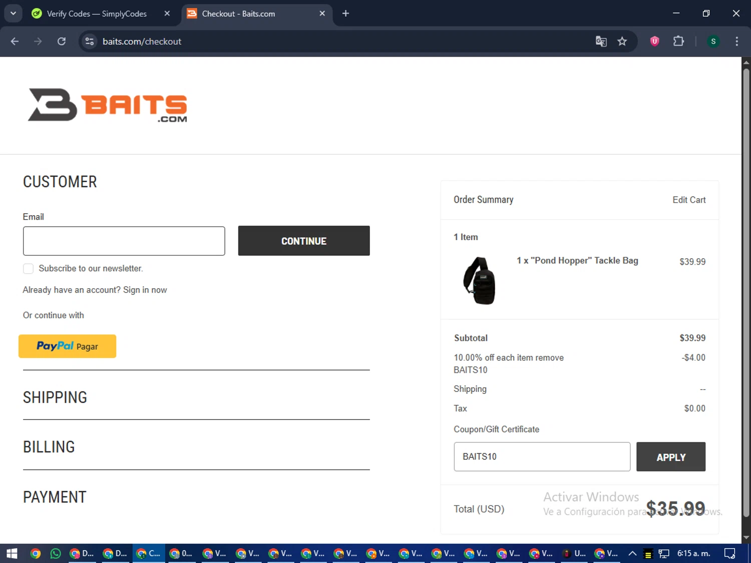 Yamamoto Baits promo code screenshot showing code BAITS10 applied at Yamamoto Baits checkout page. Uploaded by SimplyCodes community member lilMosey on Sep 26, 2025