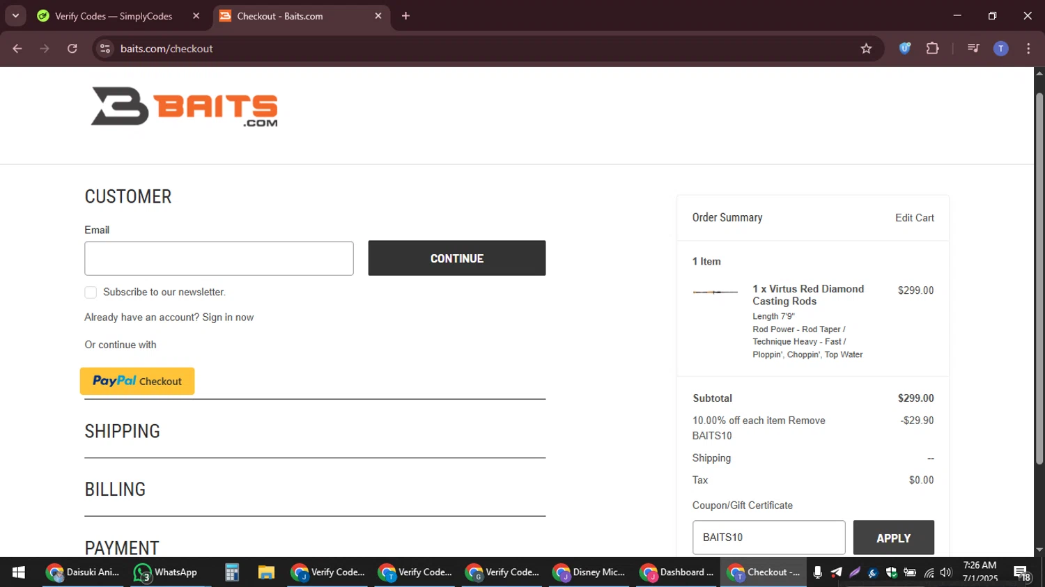 Yamamoto Baits promo code screenshot showing code BAITS10 applied at Yamamoto Baits checkout page. Uploaded by SimplyCodes community member snidertom8 on Jul 1, 2025