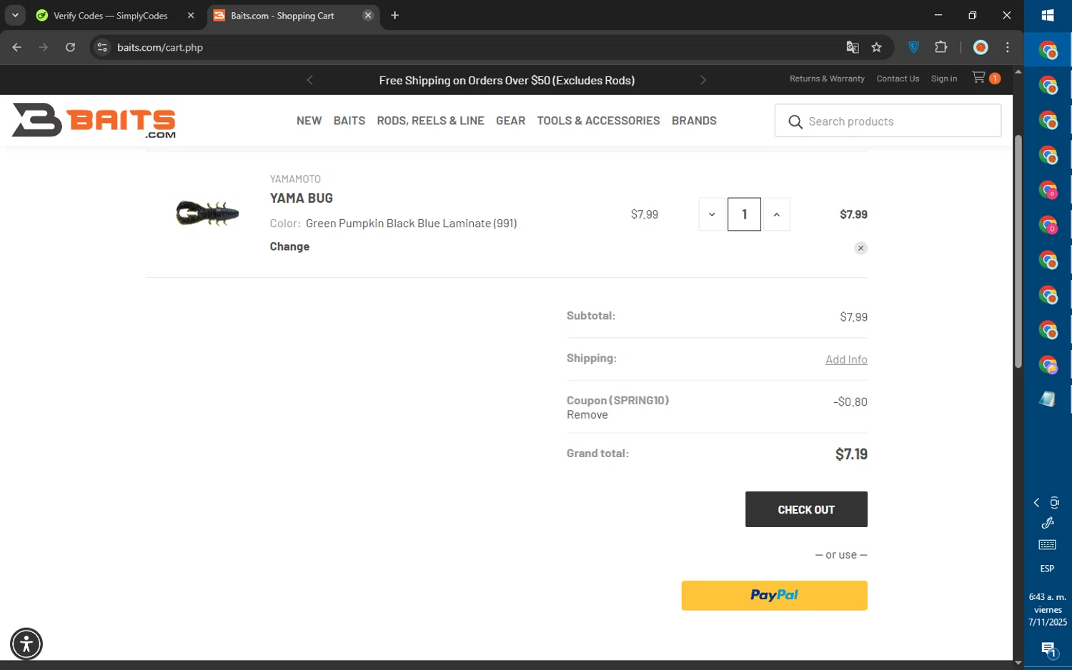 Yamamoto Baits promo code screenshot showing code SPRING10 applied at Yamamoto Baits checkout page. Uploaded by SimplyCodes community member SalePhoenix823 on Nov 7, 2025
