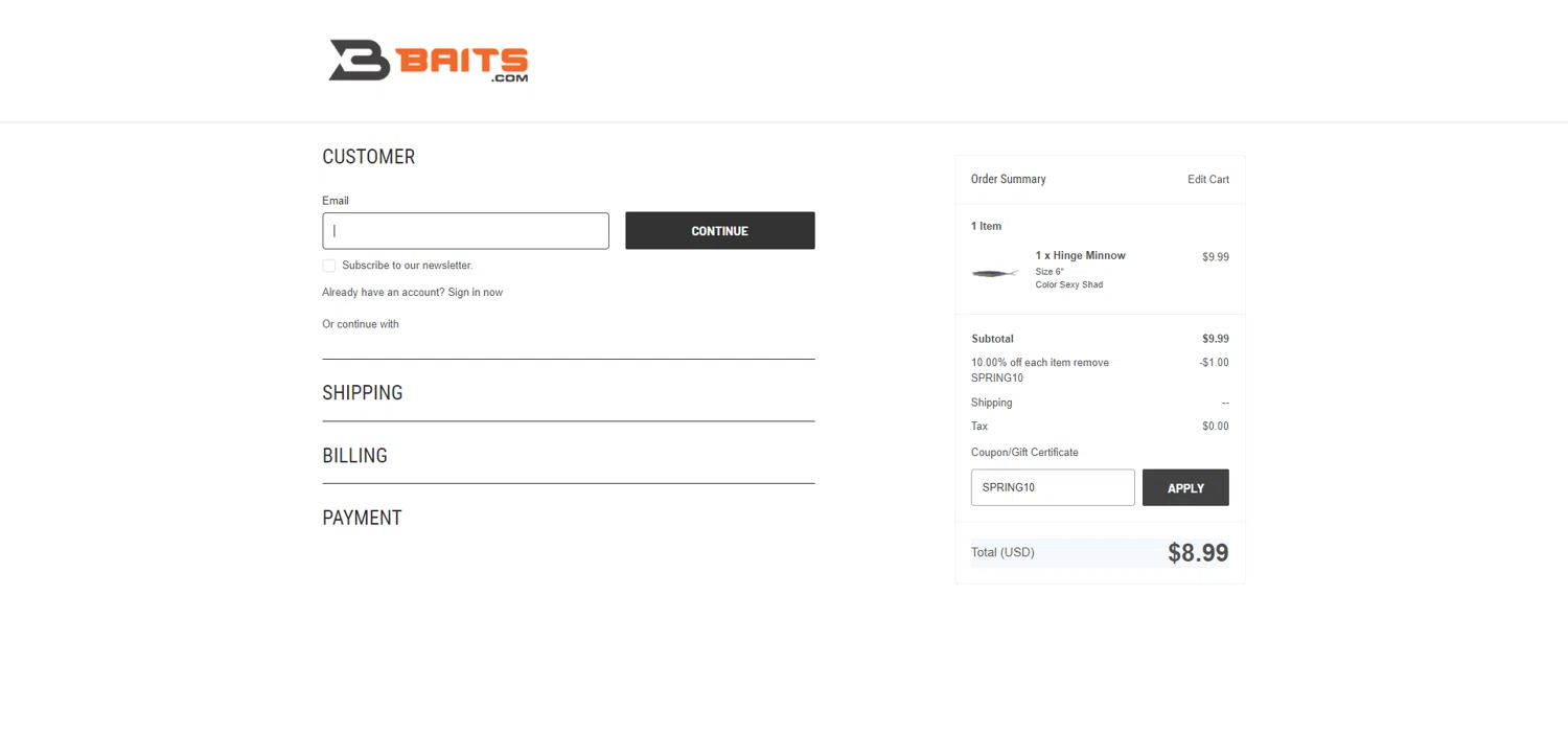 Yamamoto Baits promo code screenshot showing code SPRING10 applied at Yamamoto Baits checkout page. Uploaded by SimplyCodes community member ThriftyPhoenix5129 on Oct 9, 2025