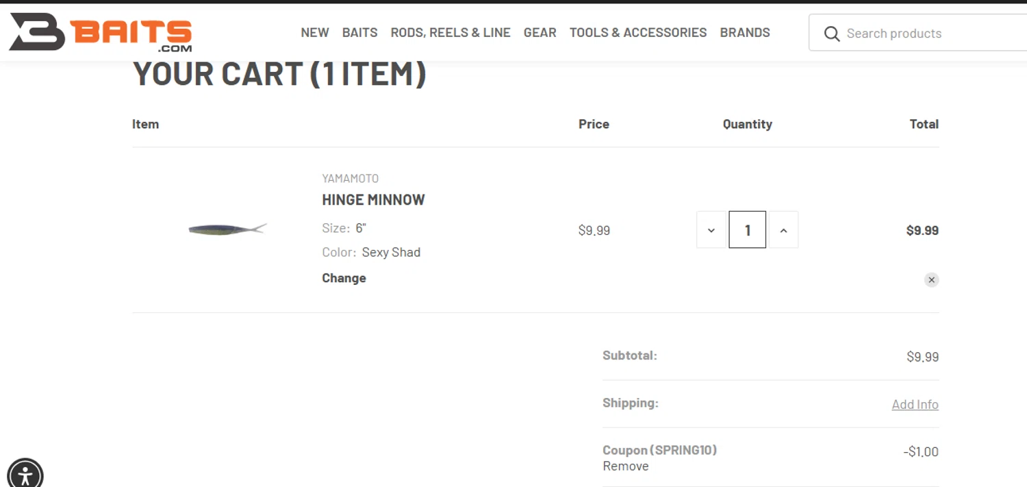 Yamamoto Baits promo code screenshot showing code SPRING10 applied at Yamamoto Baits checkout page. Uploaded by SimplyCodes community member diacelysduartesuarez on Dec 6, 2025