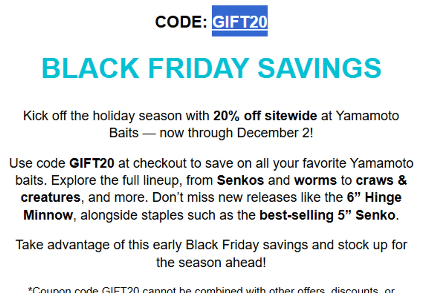 Yamamoto Baits promo code screenshot showing code GIFT20 applied at Yamamoto Baits checkout page. Uploaded by SimplyCodes community member Biden0442069257555 on Nov 21, 2025