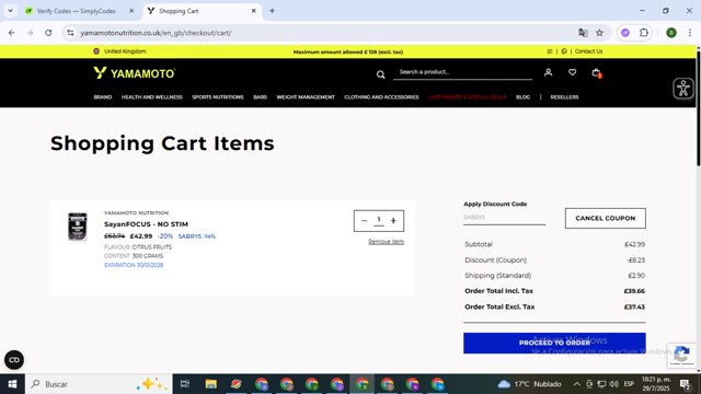 Yamamoto Nutrition checkout page showing Yamamoto Nutrition promo code box | Screenshot taken by SimplyCodes community member on Jul 30, 2025