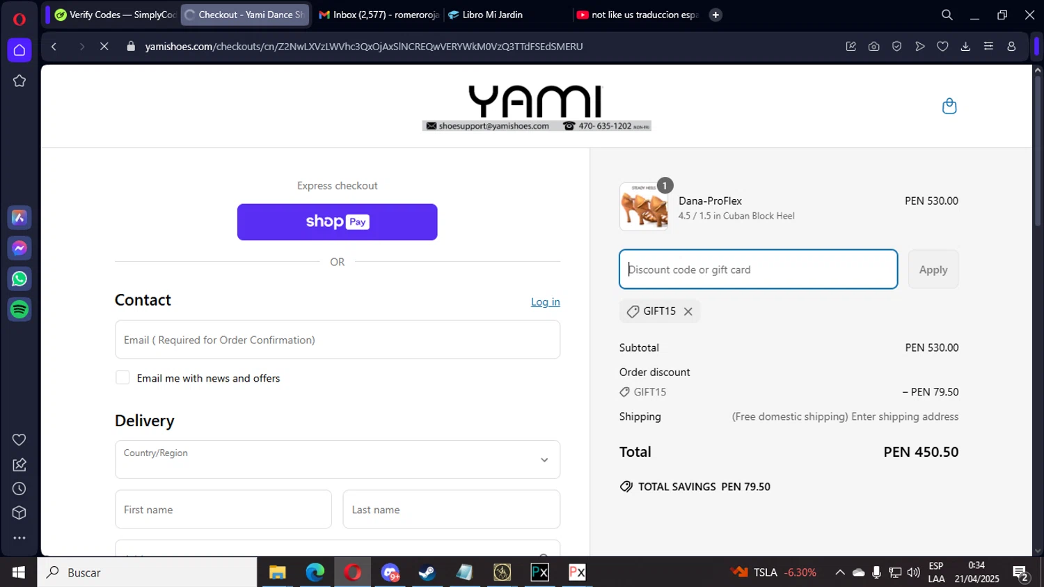 Yami Shoes discount code screenshot showing code GIFT15 applied at Yami Shoes checkout page. Uploaded by SimplyCodes community member LegendaryEagle421 on Apr 21, 2025