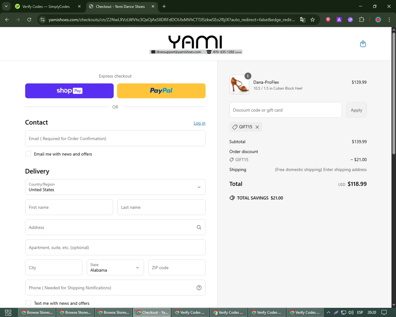 Yami Shoes discount code screenshot showing code GIFT15 applied at Yami Shoes checkout page. Uploaded by SimplyCodes community member james_smith on Jun 22, 2025