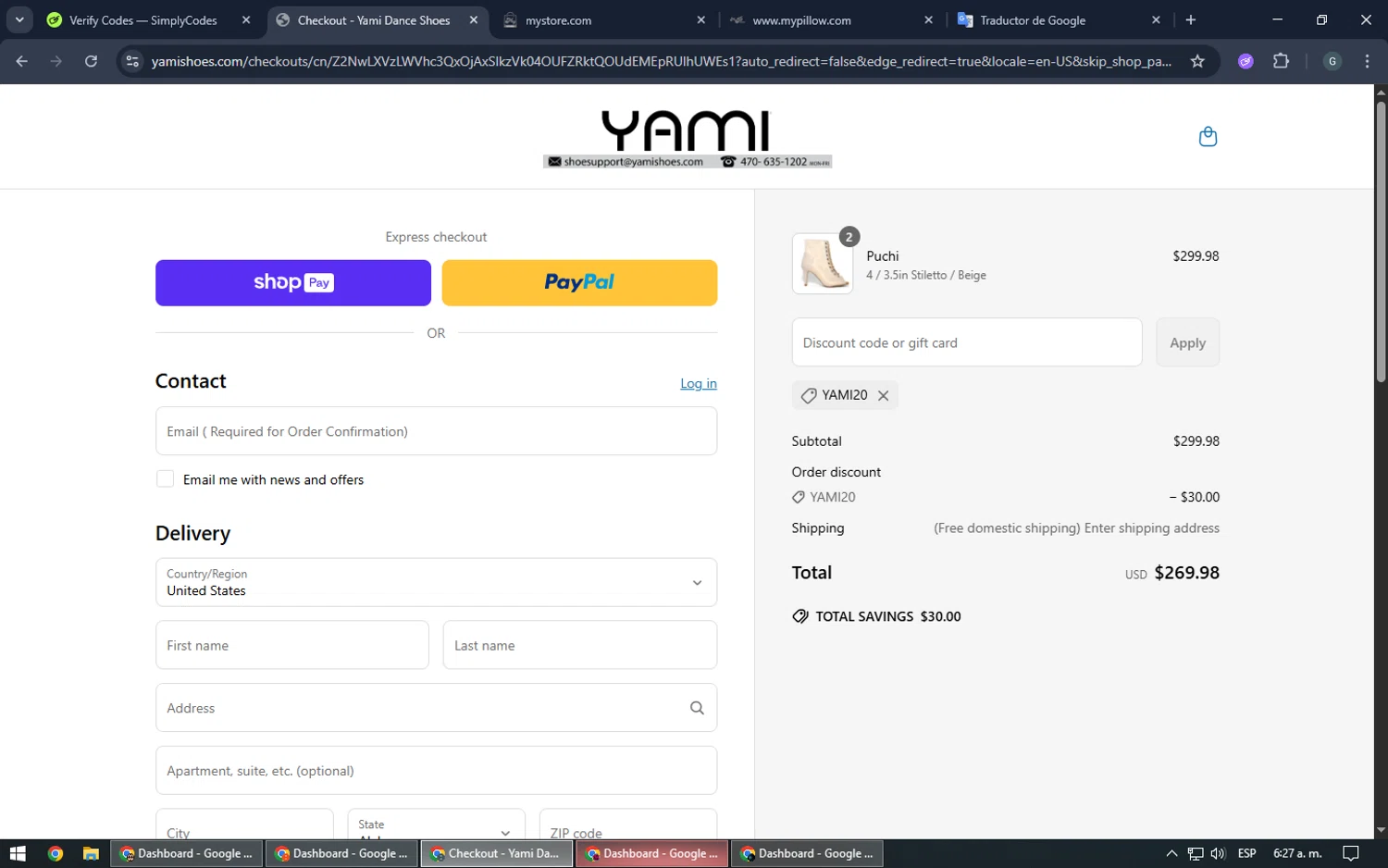 Yami Shoes discount code screenshot showing code YAMI20 applied at Yami Shoes checkout page. Uploaded by SimplyCodes community member TOUSEN on Jun 19, 2025