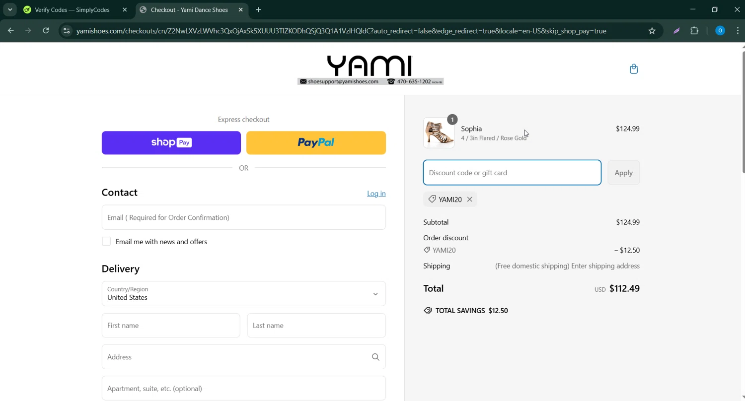 Yami Shoes discount code screenshot showing code YAMI20 applied at Yami Shoes checkout page. Uploaded by SimplyCodes community member CodeScholar4340 on Mar 9, 2025