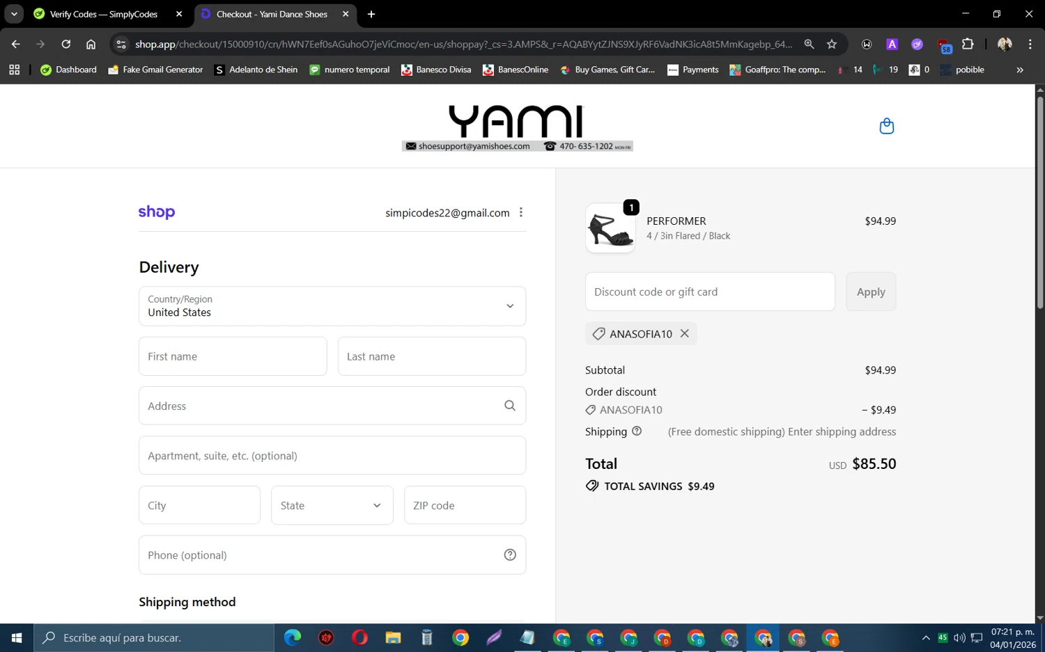 Yami Shoes checkout page showing Yami Shoes discount code box | Screenshot taken by SimplyCodes community member on Jan 4, 2026