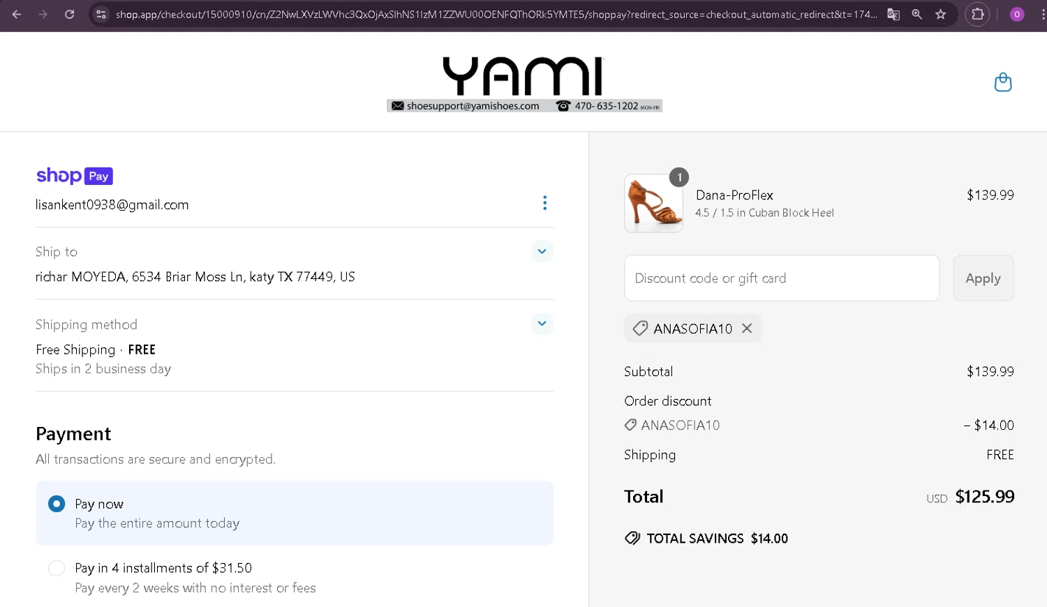 Yami Shoes discount code screenshot showing code ANASOFIA10 applied at Yami Shoes checkout page. Uploaded by SimplyCodes community member oder007 on Jun 13, 2025