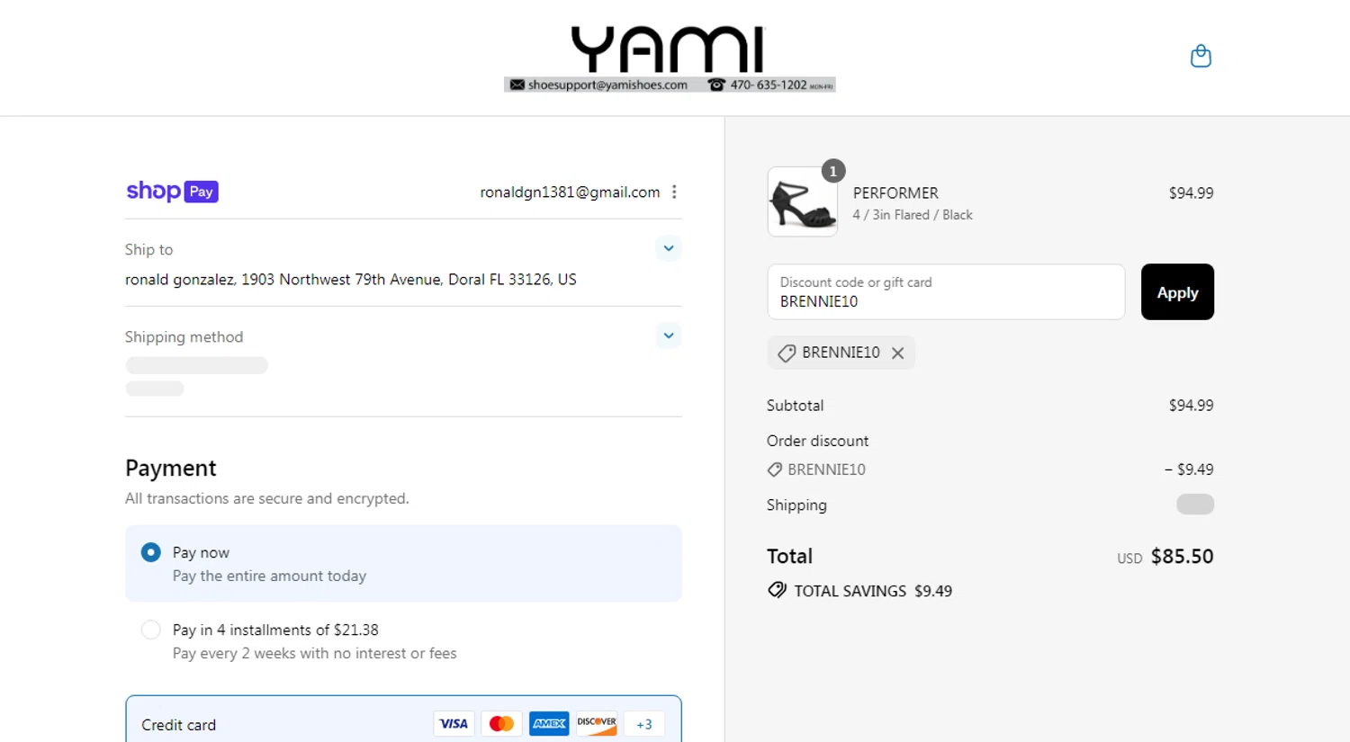 Yami Shoes discount code screenshot showing code BRENNIE10 applied at Yami Shoes checkout page. Uploaded by SimplyCodes community member SmartSaver7916 on Jul 28, 2025