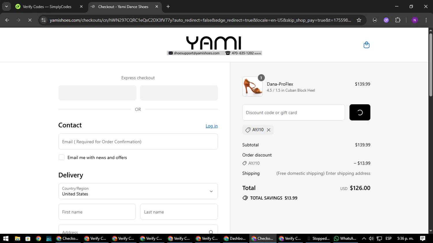 Yami Shoes discount code screenshot showing code AYJ10 applied at Yami Shoes checkout page. Uploaded by SimplyCodes community member NATAAAAAANAELCANO on Aug 23, 2025