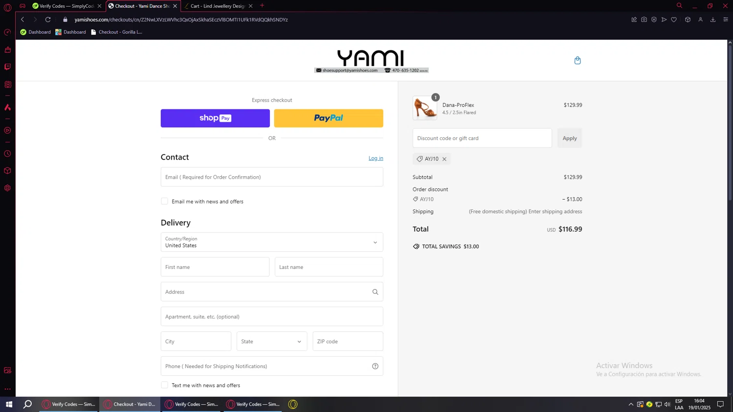 Yami Shoes discount code screenshot showing code AYJ10 applied at Yami Shoes checkout page. Uploaded by SimplyCodes community member MoneyMonarch9272 on Jan 19, 2025